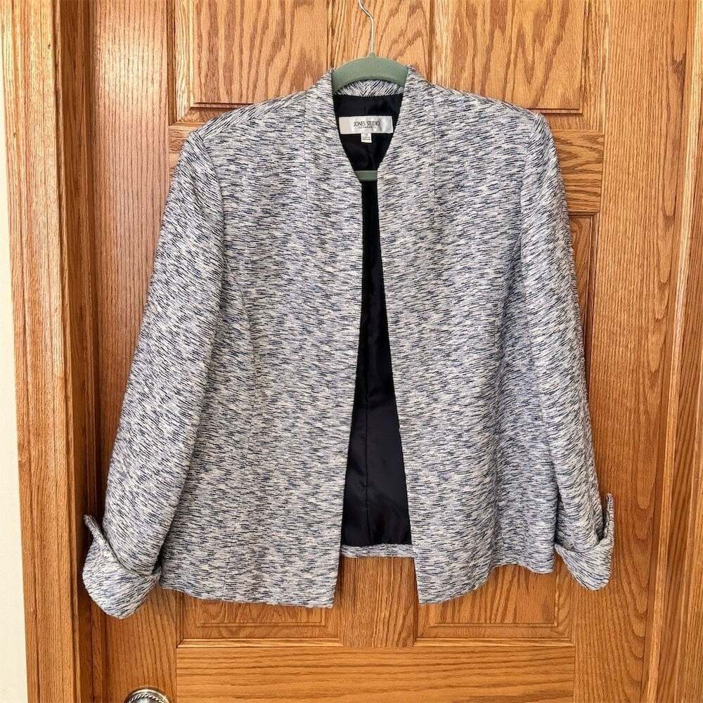 Jones Studio Separates Blazer Jacket Womens Size 14 Blue Open Front Tweed